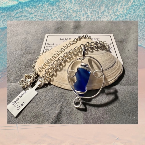 Cobalt Blue Pompano Beach Glass Freeform Pendant With Large Bale - Picture 3 of 3